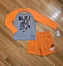 NEW Nike Little Boy Dri-fit Long-sleeve Tee Short Set, Orange sz 7