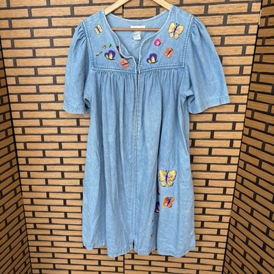 Bechamel Denim Zip Up Butterfly Embroidered Dress Size Medium Petite