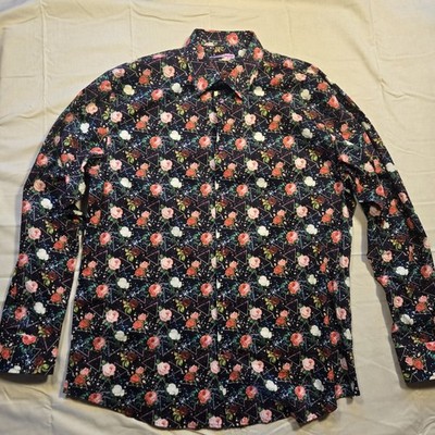 Coton Doux Fitted Shirt Hipster Vintage Rose Pattern Size 44 17.5 Multi Color