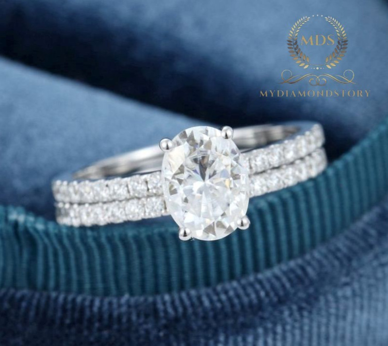 Solid 14K White Gold Moissanite Bridal Set Engagement Ring 2.50 Carat Oval Cut