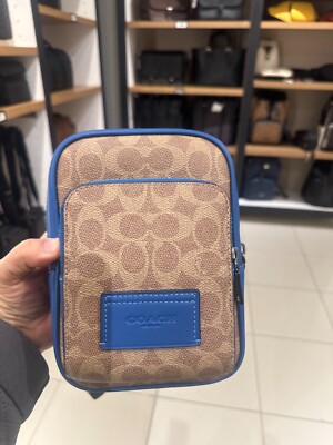 COACH CY912 Racer Sling Pack Colorblock Signature Canvas & Leather Tan/Blue