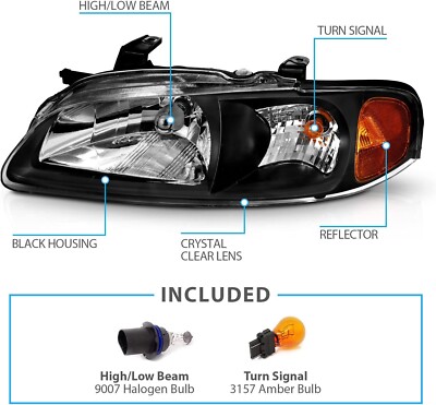 JDM Style Headlights For 2000-2003 Nissan Sentra - Black Housing With Amber Reflectors, Pair 11 thumbnail image