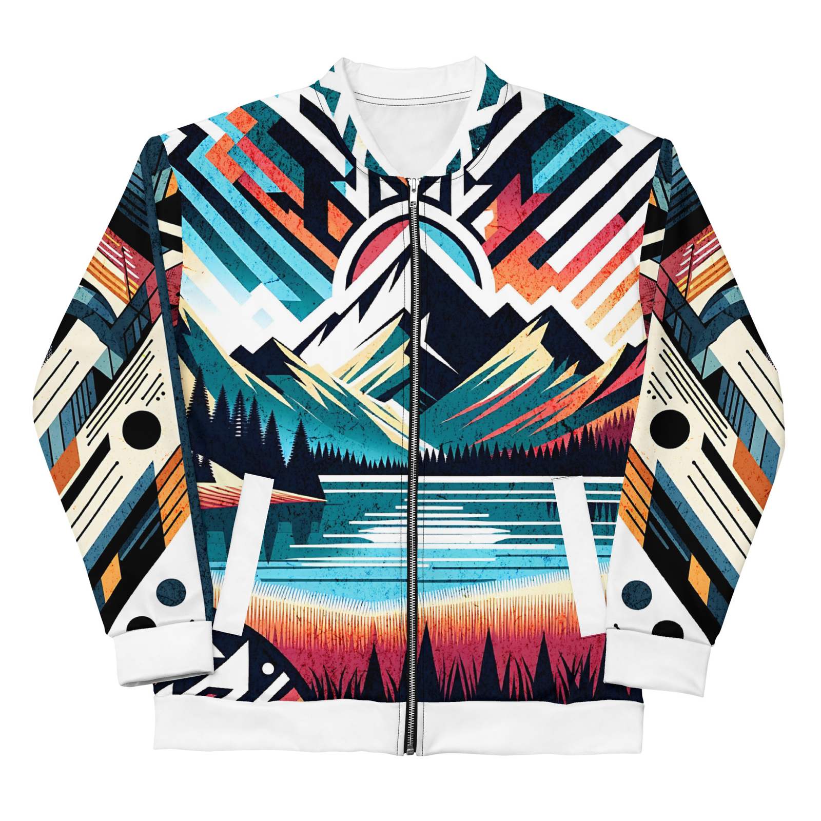 Bomber Jacket Full Zip Vibrant Abstract Geometric Mountain Sunset Pattern-image