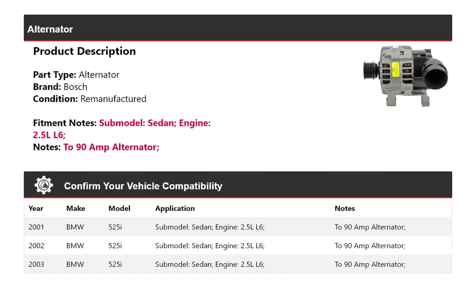 Alternador Bosch para BMW 525i 2001-2003 sedán 2,5 L L6 (remanufacturado) 2002 Foto 2 de 4