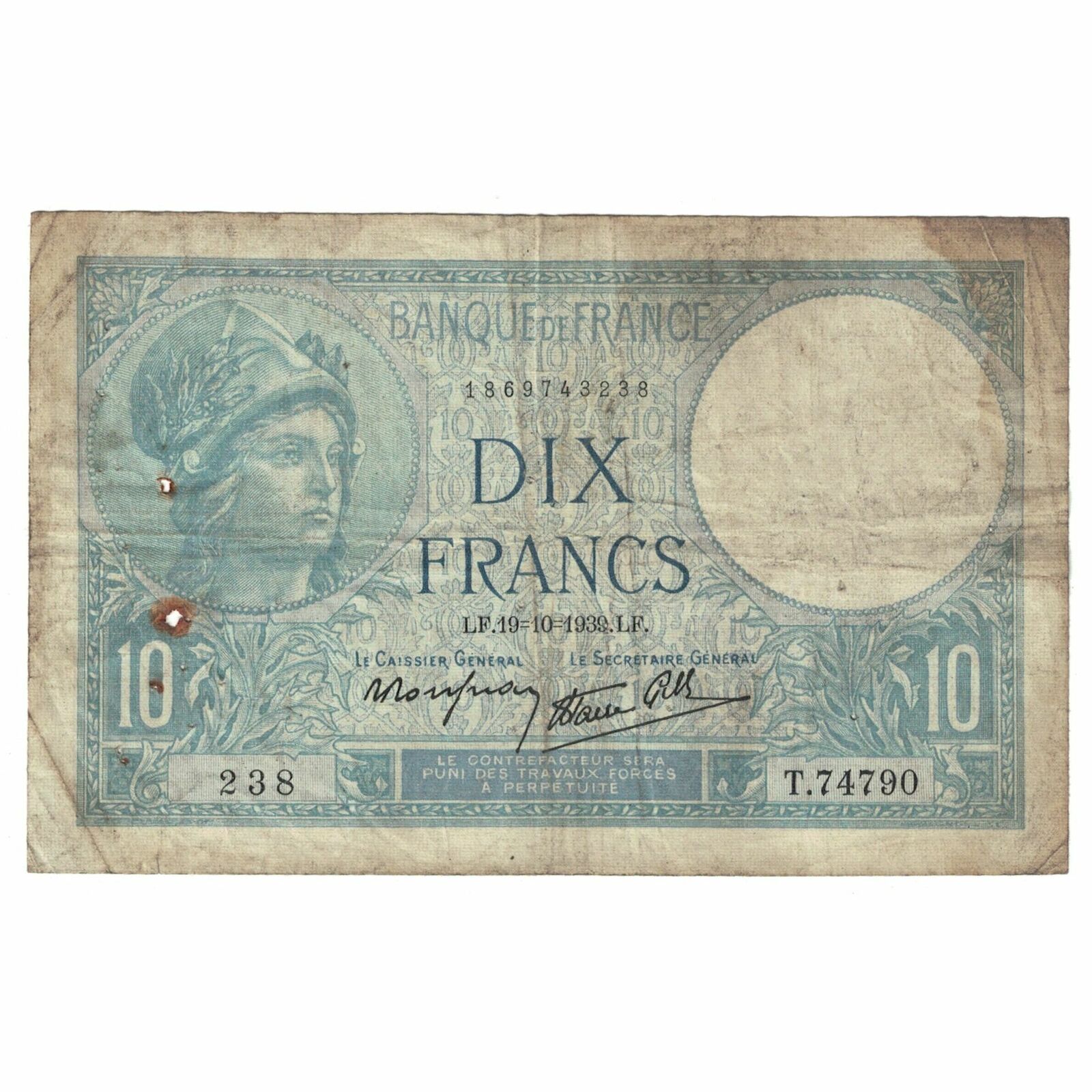 [#633918] France, 10 Francs, Minerve, 1939, 1939-10-19, VF, Faye
