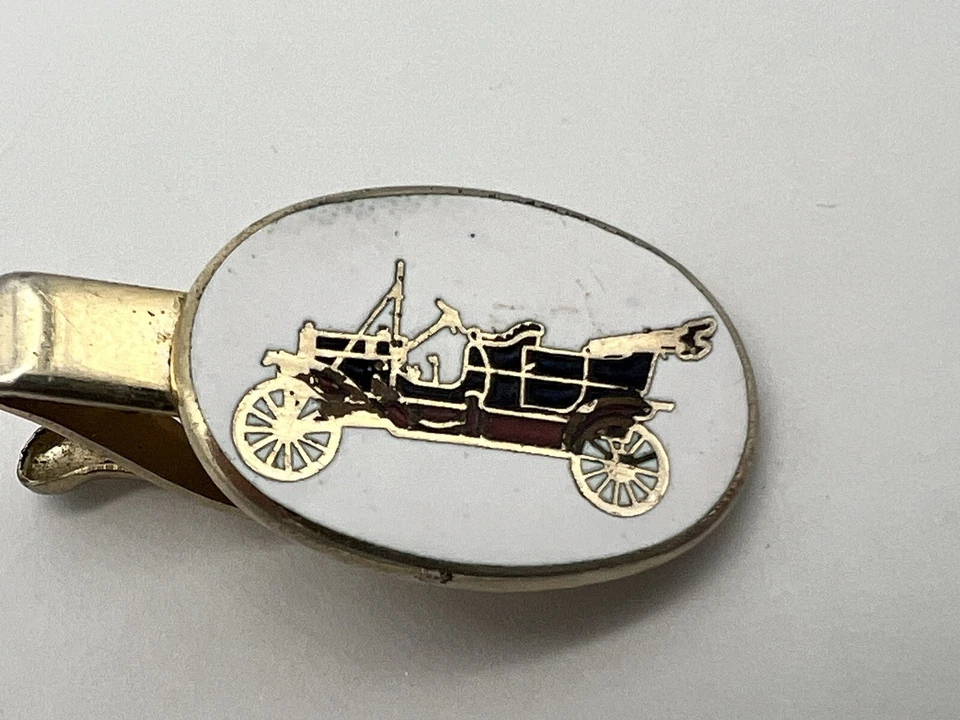 复古金色白色珐琅古董马车领带夹 — 第 3/4 张图片