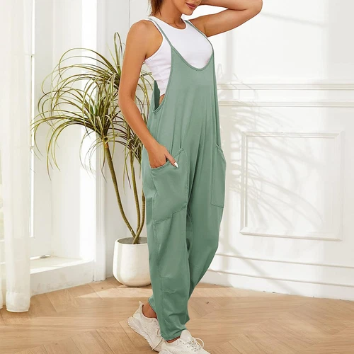 Womens Jumpsuits Loose Casual Rompers Sleeveless Spaghetti Strap Baggy Pockets - Picture 13 of 40