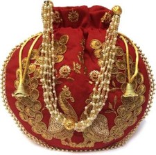 Indian Potli Bag Silk Embroidered Batwa Pearls Handle Clutch Women Wedding lot