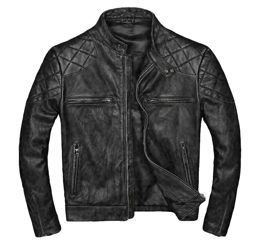 Men's Sheep Leather Jacket Motorcycle Black Cafe Racer Style Jacket