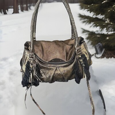 BOTKIER Gold Metallic Leather Trigger Front Flap Satchel Bag Handbag Purse 