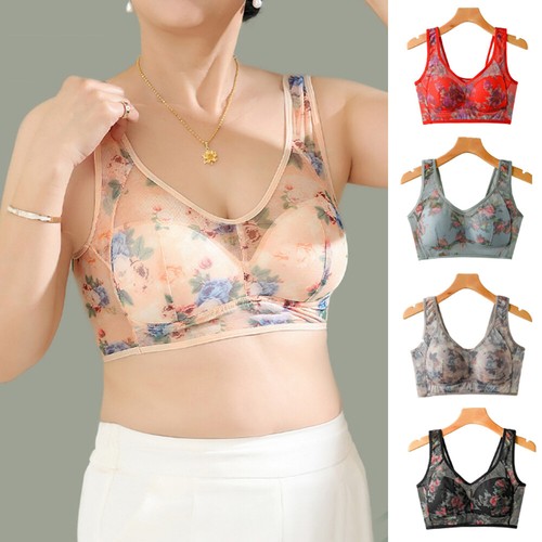 Womens Ice Silk Lace Cooling Comfort Bra Lace Buttonless Comfortable Bra Ladies