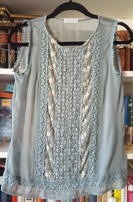 Promod Top Bluse Gr. 34 Türkis Blau Stickerei Spitze Vintage - Wenig Getragen!
