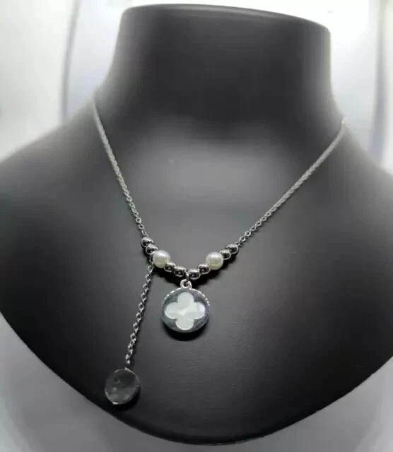 "Regalo para ella Collar Colgante Madreperla Forma Trébol Redondo Titanio Todavía Foto 2 de 4
