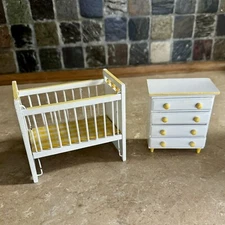 VTG Concord Miniatures Yellow Dollhouse Crib White Drop Side Works Dresser 1:12