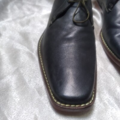 Ted Baker Square Toe Black Leather Chukka Boots with traditional blue shoe laces Ted Baker Square Toe Navy Blue Leather Chukka Ankle Lace up  main image 3