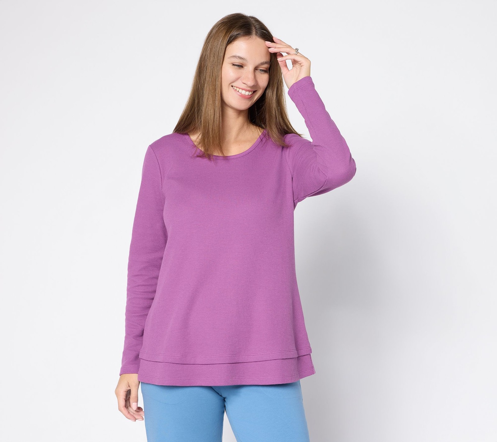 Denim & Co. Women's Top Petite 1XP Essentials Waffle Knit Scoop Purple A627199