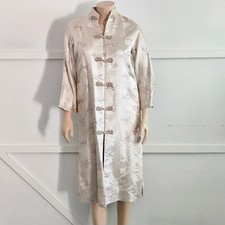 VTG British Crown Colony Champagne Satin Floral Crane Cheongsam Duster Robe Coat