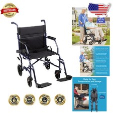 Lightweight Transport Wheelchair 19" Seat Blue Alloy Steel Folding Travel