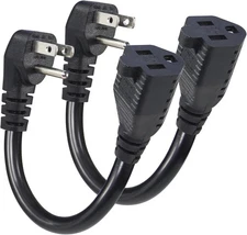 Short Power Extension Cord - Low Profile Wall Head 6 Inch 14AWG/3C Black -2 Pack