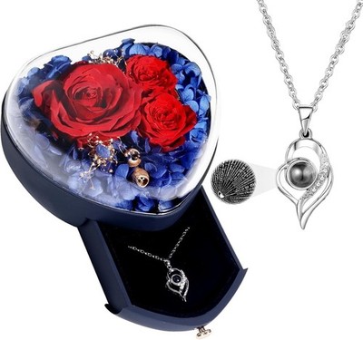 Heart Shape Preserved Real Rose Box with Necklace, Forever I Love You Roses Gift