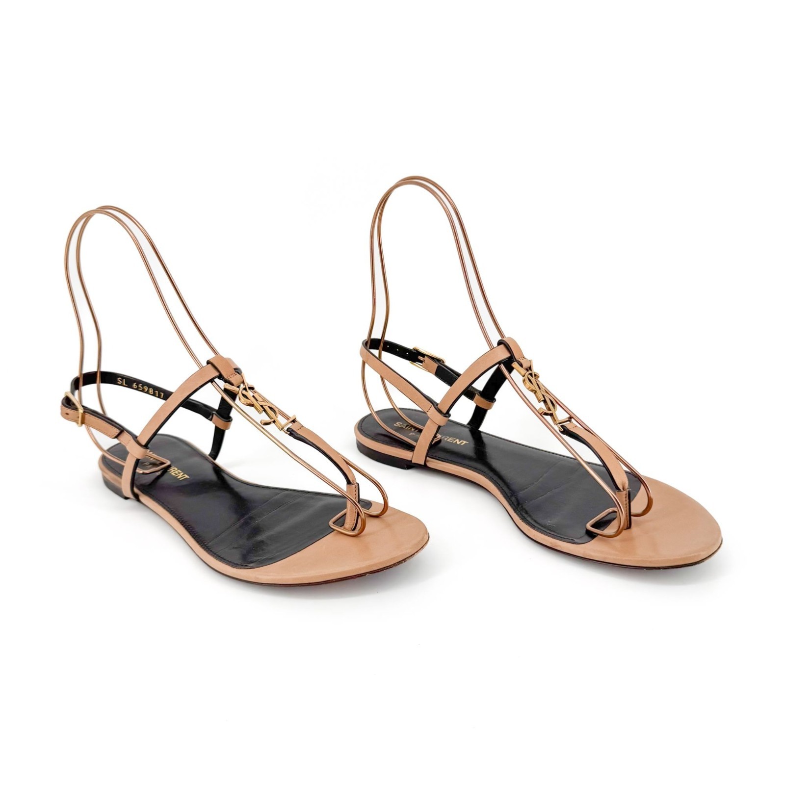 Sandali piatti Saint Laurent Cassandra YSL T Strap pelle marrone taglia 37 US 7 donna