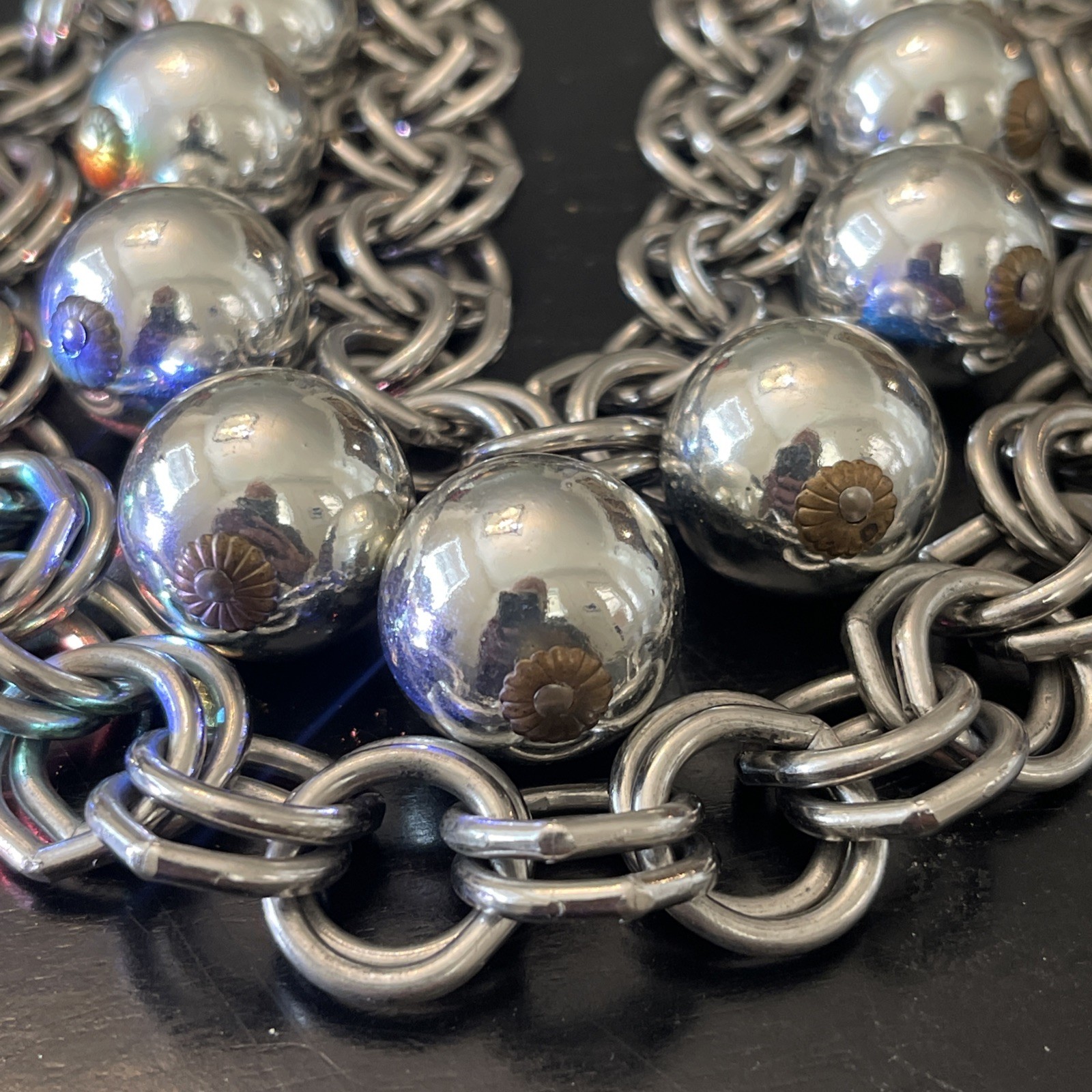 Statement Chunky Double Chain and Balls Necklace Silver Tone Collar Bib Choker