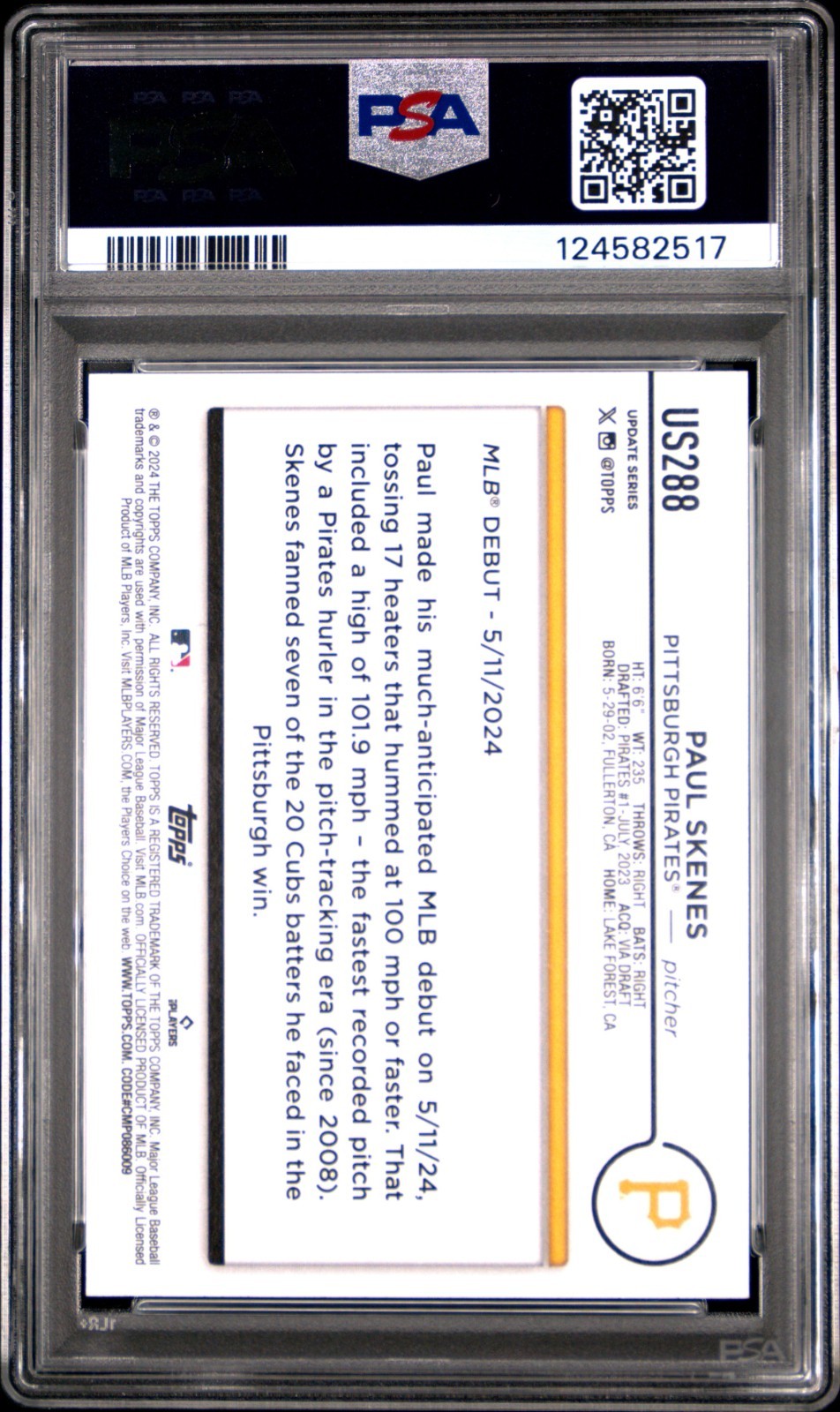 2024 Topps Update Series Paul Skenes Rookie Debut #US288 RC PSA 10 GEM MINT view 2