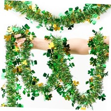 55.77FT St Patrick's Day Tinsel Garland Green Gold Shamrock Hat Tinsel Garland