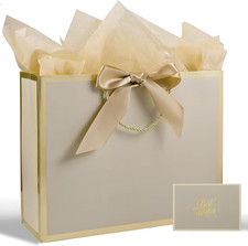 13" Medium Gift Bag with Ribbon, Greeting Card 2 Tissue Paper Matte Gold Foil