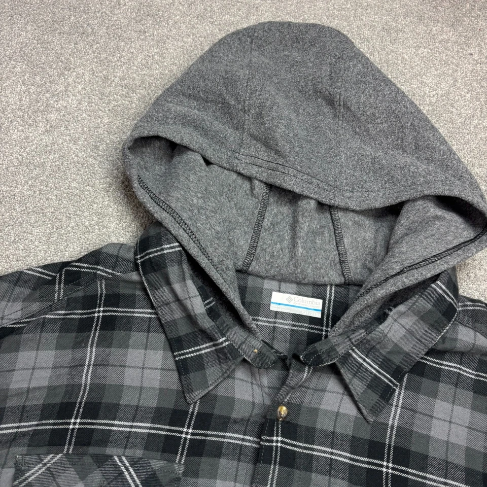 Columbia Jumper Adult 2XL XXL Grey Button Up Plaid Flannel Overshirt Hoodie Men - Image 3 of 4