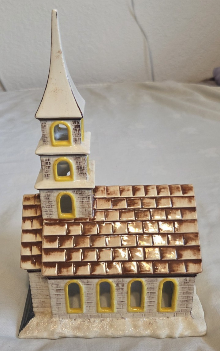Byron Molds 1979 Ceramic Brown Yellow Sparkles Church Light Christmas Village