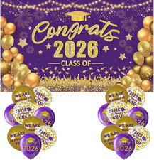 Purple and Gold Graduation Decorations Class of 2026 Banner with 18 Pcs Grad Bal