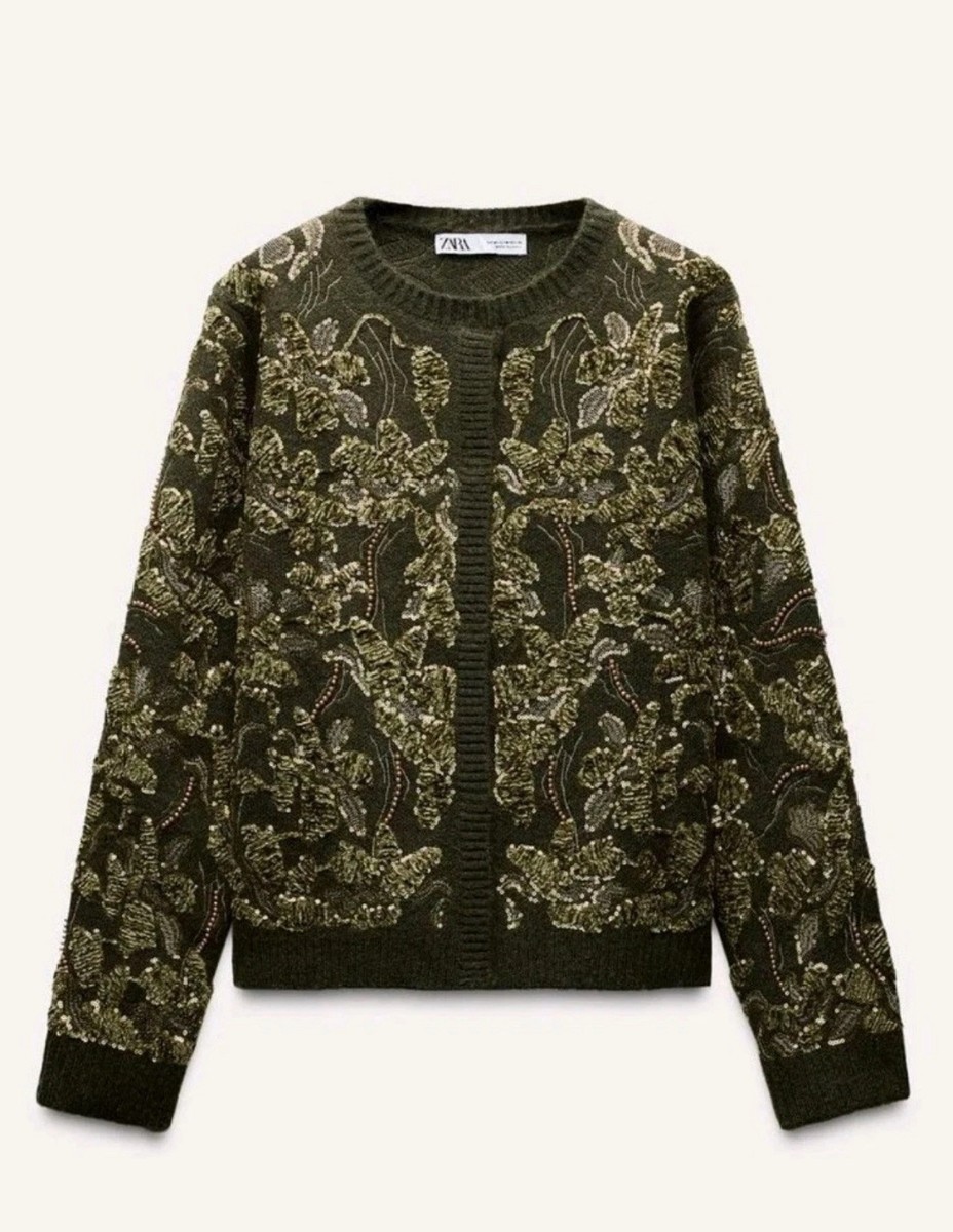 Zara Oversized Embroidered Cardigan Green ZARA WOMAN COMBINED KNIT