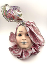 Mardi Gras Ceramic Mask Decor to Hang/Display Pink White Silver Green Fabric