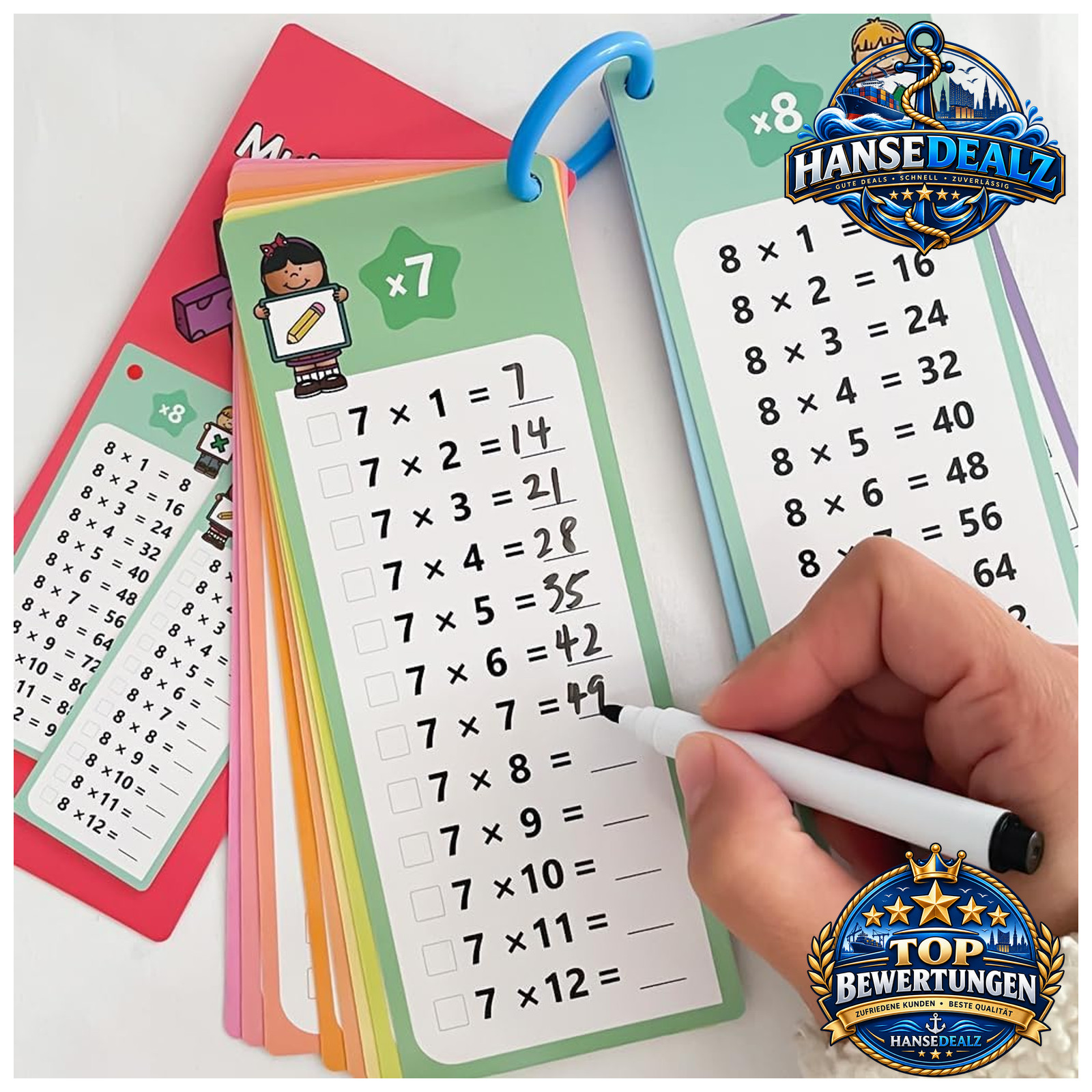 1x1 Lernkarten Set mit 15 Karten und 2 abwischbaren Stiften Lernhilfe Schule