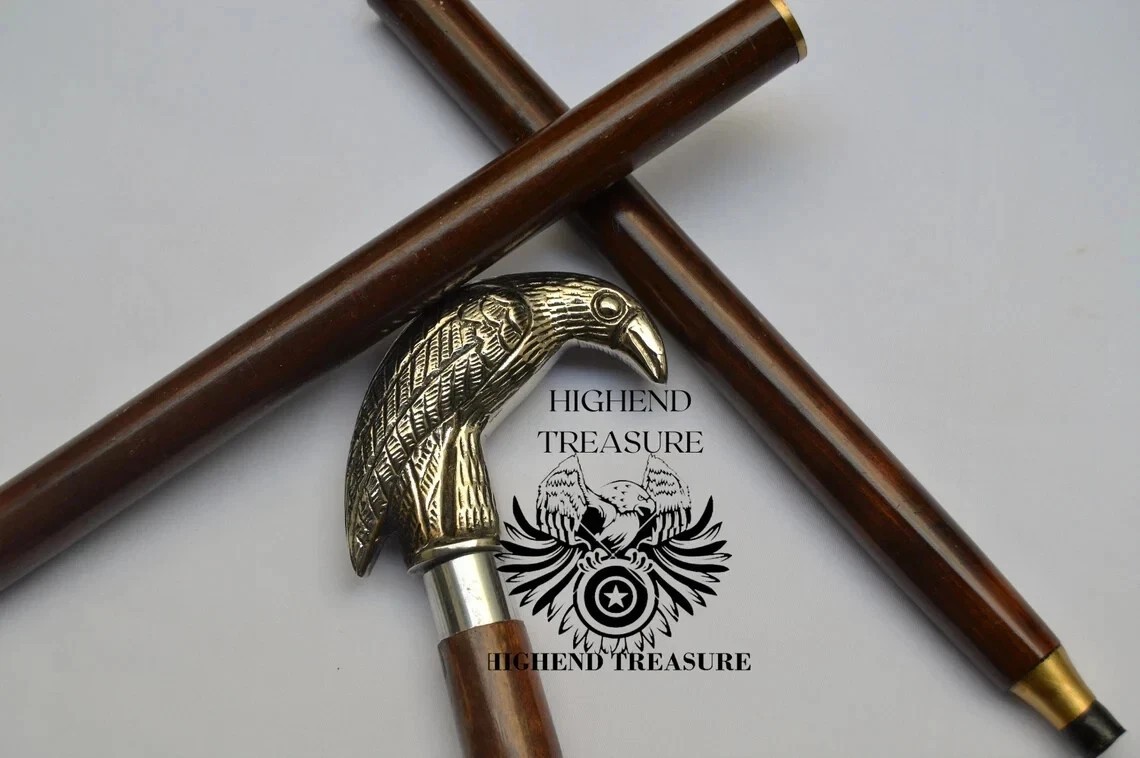 Crow Raven Handle Solid Brass Designer Wooden Wal… - image 3