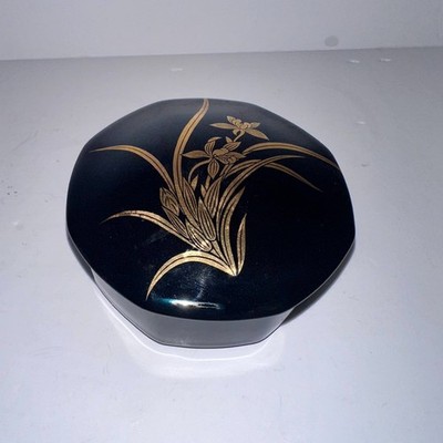 VINTAGE SHIBUI ARITA IMARI PORCELAIN TRINKET BOX black & gold 3.5''