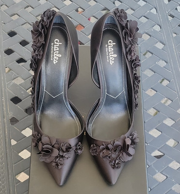 Charles by Charles David Black Satin D'Orsay Pointed Toe Flower Heel US 10M