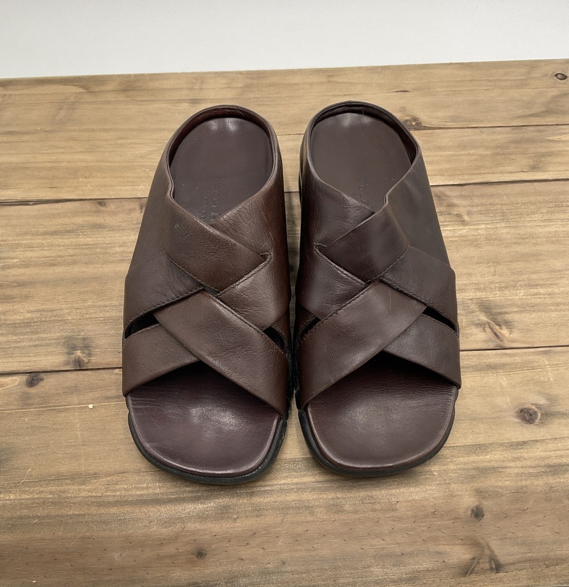 Cole Haan Brown Leather Cross Strap Sandal Slides Men