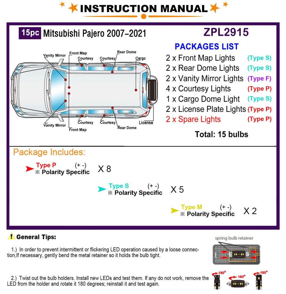 LED Interior Light Kit for Mitsubishi Montero Pajero 2007-2021 White Light Bulbs - Image 2 of 4