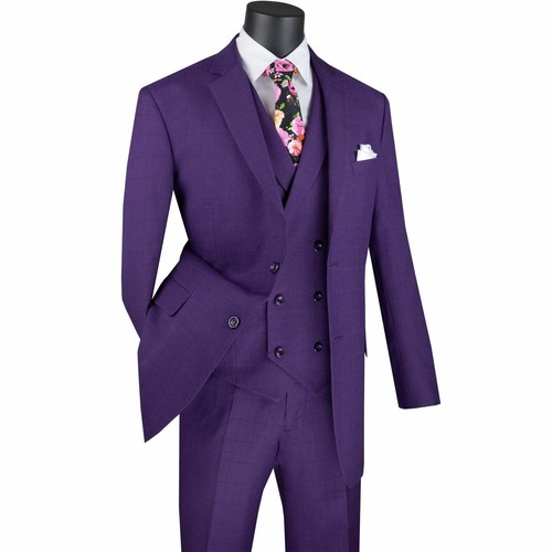 VINCI Men's Purple Glen Plaid 3-Piece Suit - Classic Fit, 2-Button, New With Tags
