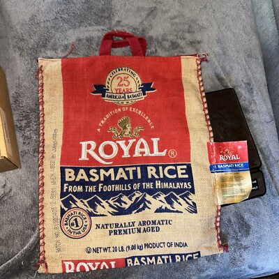 Royal Basmati Rice Bag 20lbs Burlap Handles Zipper Heavy Duty 25th Anniv No Rice