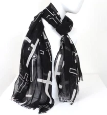 NEW Crosses Oblong 22" X 62" Black White Scarf Shawl Soft, Lightweight