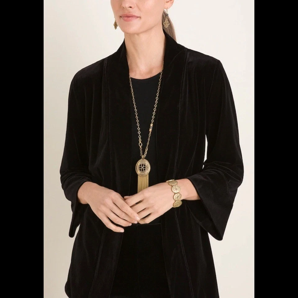 JAQUETA DE VELUDO REVERSÍVEL Chico's Traveller feminina tamanho (0) 4 XS damasco e preta - Imagem 4 de 4