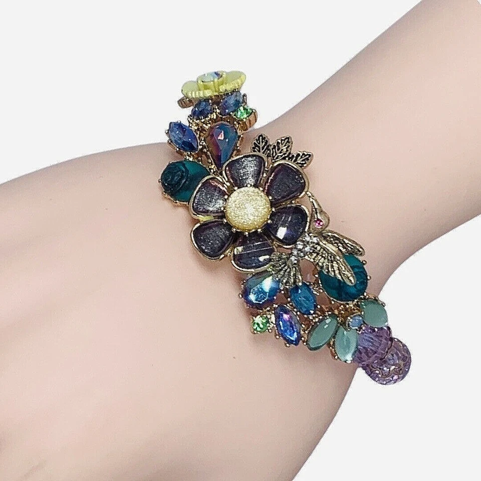 Pulsera Flor Colibrí Betsey Johnson 7" Cristal Helado Primavera Adelante De Colección Foto 3 de 4