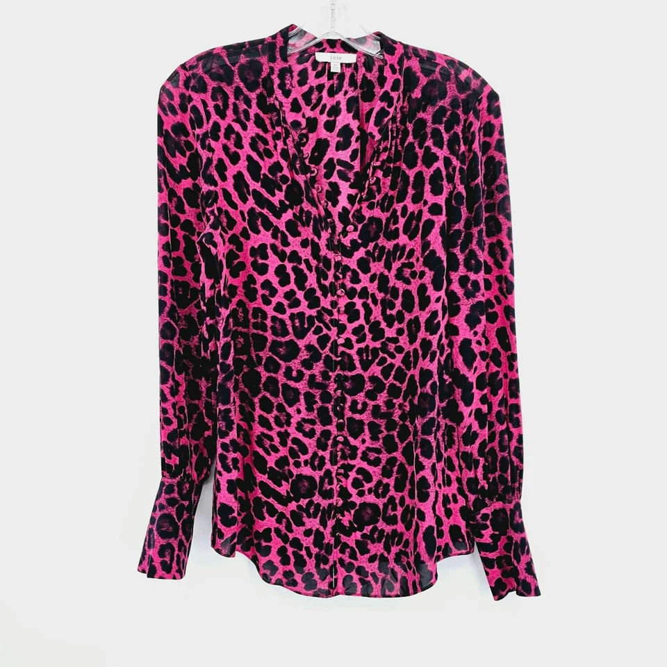 Blusa Joie Loop Botón Frontal XS Rosa Negra Estampado Leopardo Manga Larga Puño Acampanado Foto 4 de 4