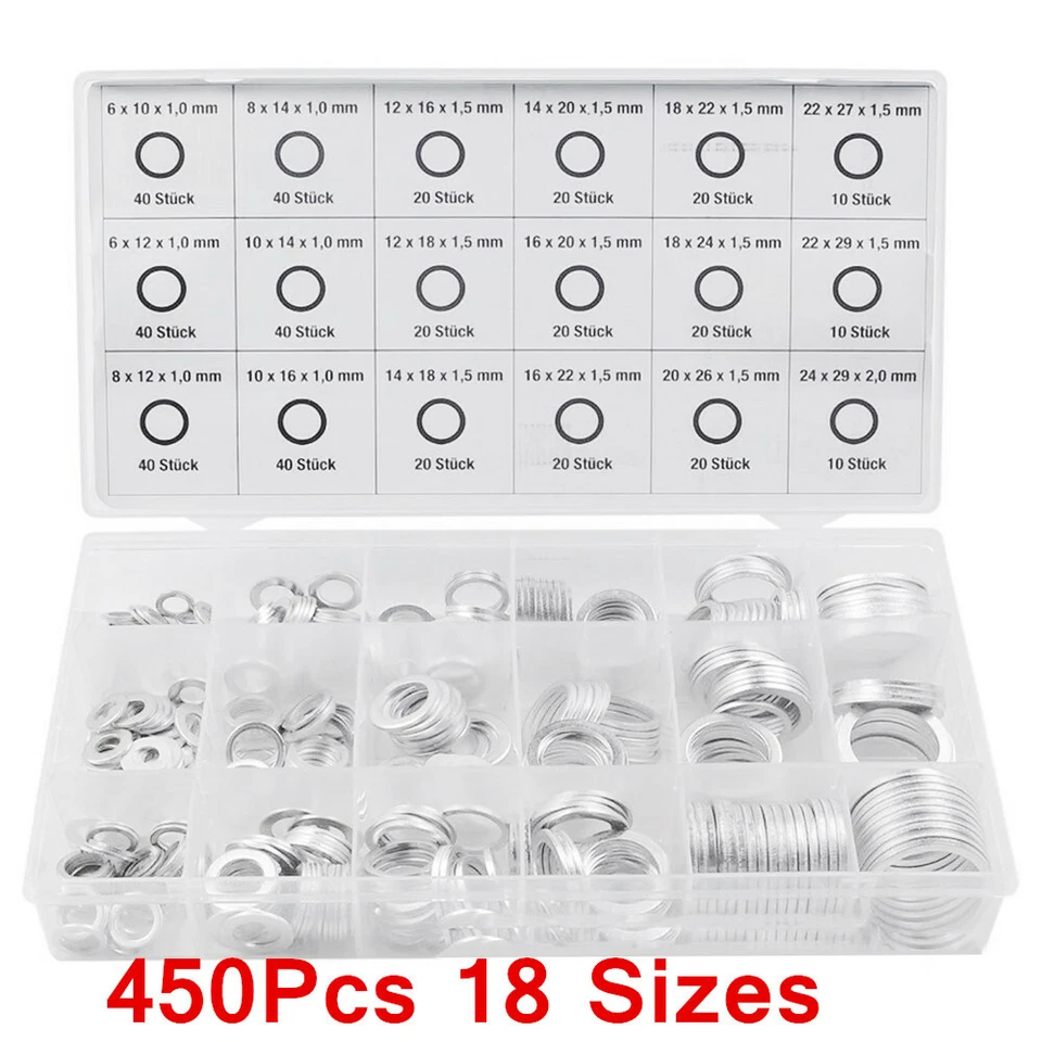 Car Engine Oil Drain Plug Crush Washer Seal O-Ring Gasket Assorted Kit 18 Sizes — 第 2/4 张图片