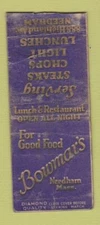 Matchbook Cover - Bowmar's Nedham MA DQ WORN BOBTAIL