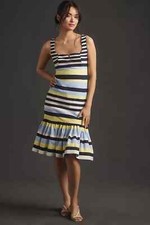 NWT Anthropologie Sleeveless Square-Neck Flutter-Hem Midi Dress S Striped Blue