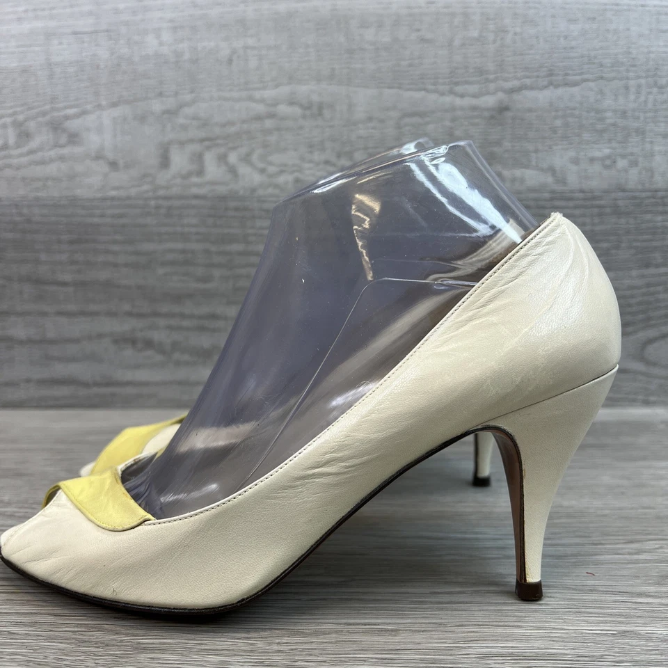 复古 Caressa 女式露趾高跟鞋细高跟鞋皮革奶油色黄色 8.5M 码 — 第 2/4 张图片